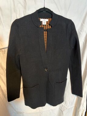Halston Black Single-Button Knit Blazer with Houndstooth Lining